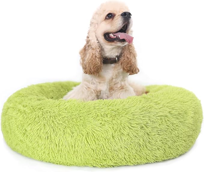 Calming Dog Bed for Medium Dogs Washable Donut 30 inches Anti-Slip Pet Bed,Round Fluffy Plush Faux Fur Cat Bed,Fits up to 45 lbs Pets,Grey