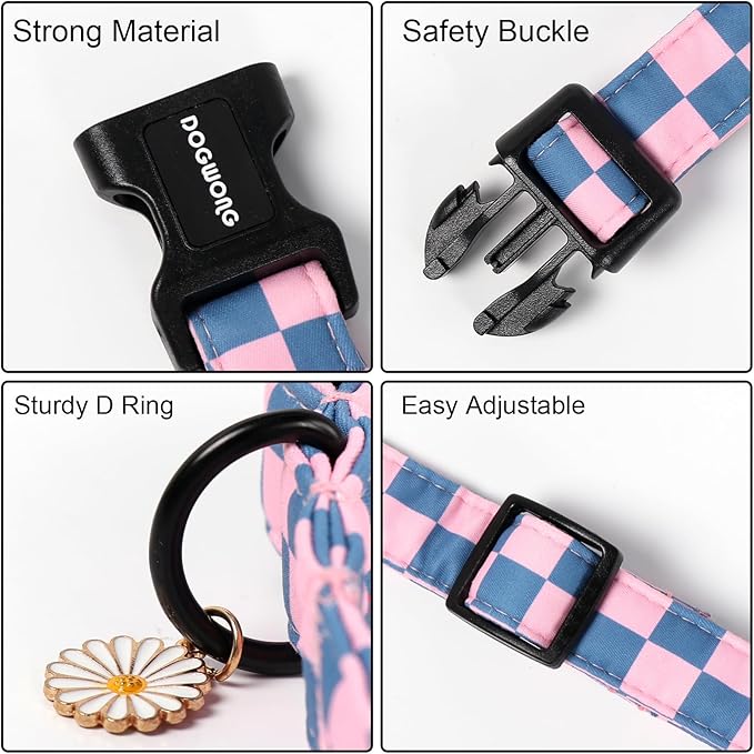 DOGWONG Plaid Dog Collar - Adjustabe Pink Blue Plaid Dog Collar - Cute Pet Checkered Dog Collars Puppy Gift for Small Medium Large Dogs