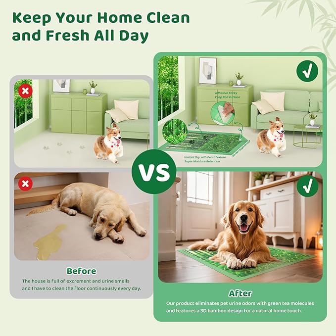 DOGGO DOUG Puppy Pads XL 60 Count - 28"x34" Extra Large Pee Pads for Dogs Odor Blocking, Leak-Proof Potty Training Pad Super Absorbent, 6-Layer Leak-Bamboo Patterns Dog Pads