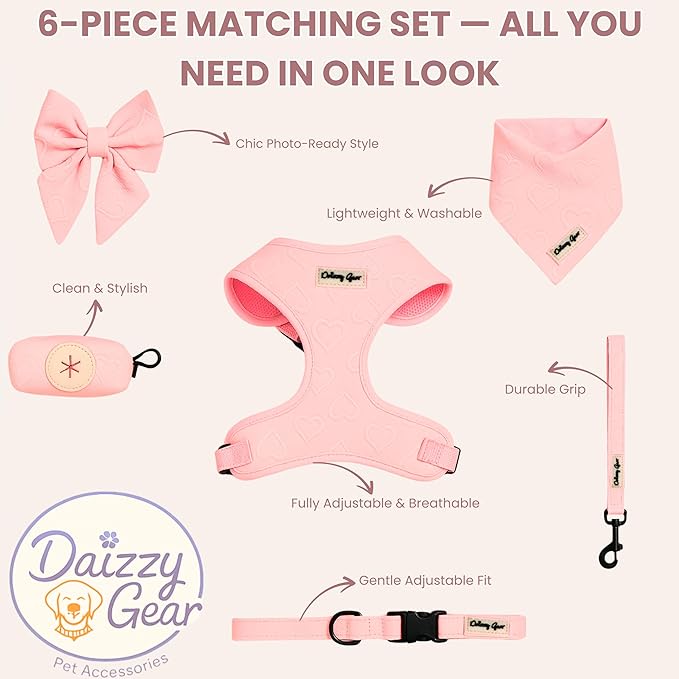 Large Dog Harness Set – Cute No Pull, All Weather, Breathable Harness and Leash Set with Collar, Bandana, Sailor Bow & Poop Bag Holder – Adjustable, Soft & Stylish – Pink Hearts on Jacquard Fabric