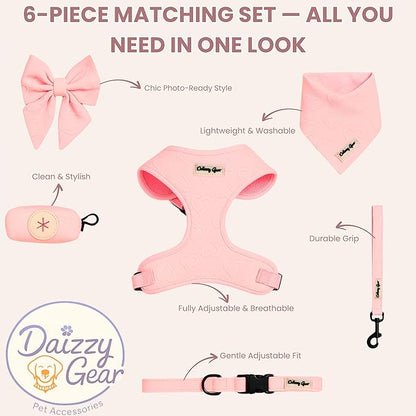 Small Dog Harness Set – Cute No Pull, All Weather, Breathable Harness and Leash Set with Collar, Bandana, Sailor Bow & Poop Bag Holder – Adjustable, Soft & Stylish - Pink Hearts on Jacquard Fabric