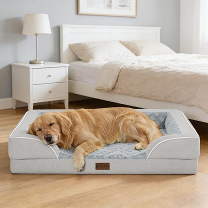 Casa Paw Orthopedic Dog Beds for Extra Large Sized Dogs, Waterproof Memory Foam XL Pet Bed with Sides 42x30Inch, Non-Slip and Egg-Crate Foam Big Dog Couch Bed with Removable Washable Cover, Light Grey