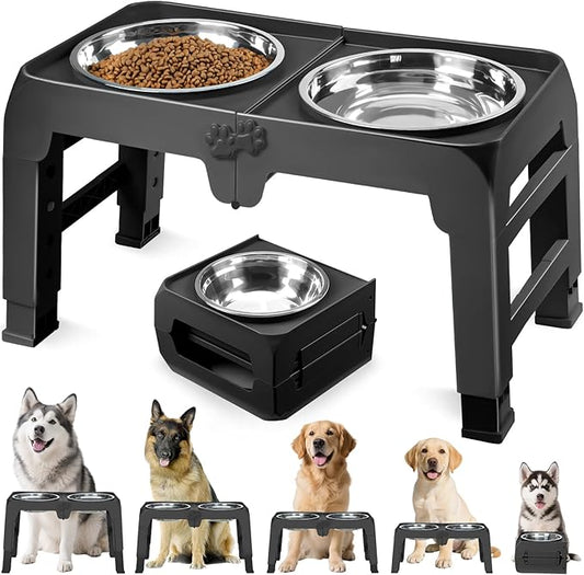 Elevated Dog Bowls for Large Dogs 5 Adjustable Heights 7.5"-15.4", 2 X-Large 10” Stainless Steel Bowls, Heavy Duty Raised Dog Bowl Stand Foldable Pet Feeder for Dogs Shoulder Height Over 15”, Black
