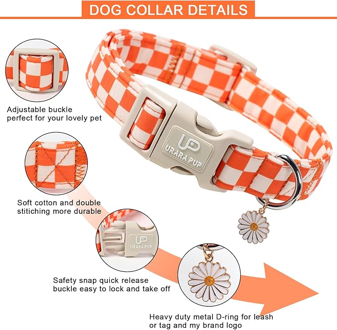 UP URARA PUP Gingham Fall Dog Collar – Adjustable Orange Picnic Checkered Dog Collar with Daisy Pendant, Classic Autumn Dogs Collars for Girl Boy Dogs
