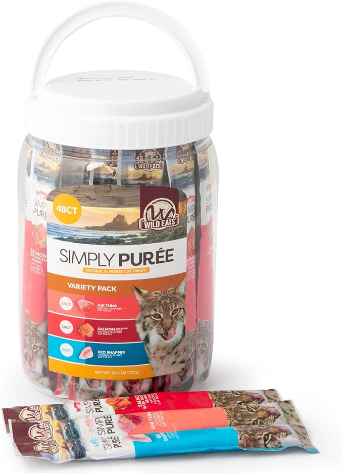 Wild Eats Simply Puree Variety Tub for Cats | 48 Individual Servings of All-Natural, High-Protein Puree Treats | Includes Multiple Flavors | Grain-Free, No Artificial Additives, Smooth Texture