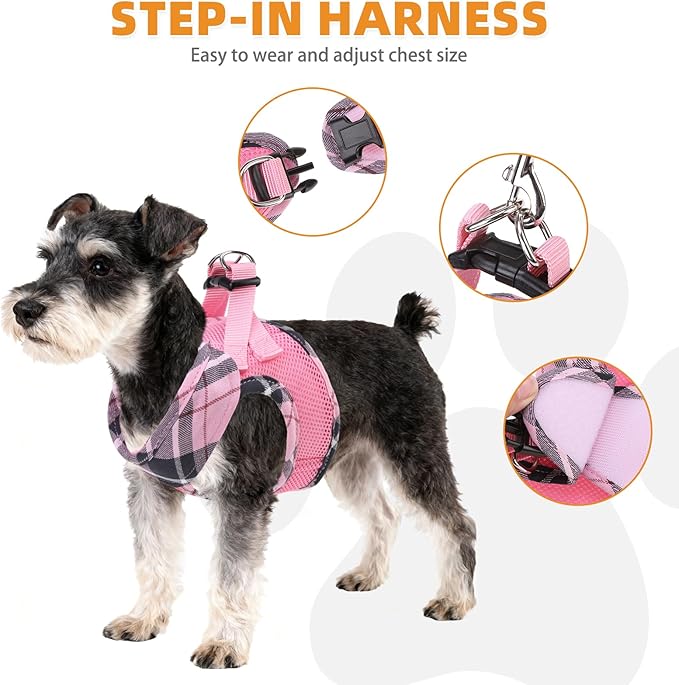 KOOLTAIL Dog Harness and Leash Set, Step in No Pull Soft Mesh Padded Pet Vest Harness Collar for Medium Size Dogs Cats Boy Girl, Breathable & Lightweight Plaid Puppy Harness, Pink M