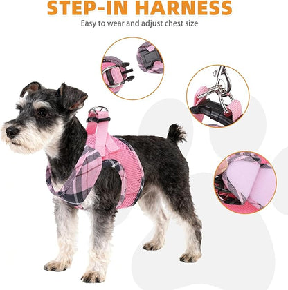 KOOLTAIL Dog Harness and Leash Set, Step in No Pull Soft Mesh Padded Pet Vest Harness Collar for Medium Size Dogs Cats Boy Girl, Breathable & Lightweight Plaid Puppy Harness, Pink M