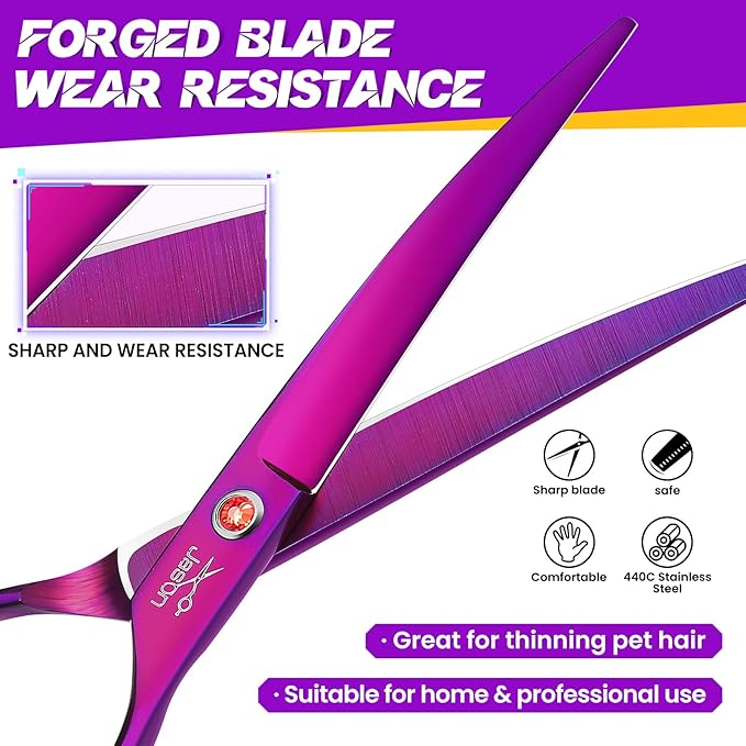 JASON 7.5" Dog Grooming Scissor - Professional Down-curved Shear with Ergonomic Handle Japanese Stainless Steel Trimming Scissor for Dogs, Cats and Other Pets, Sharp (Curved, Purple) Christmas Gift