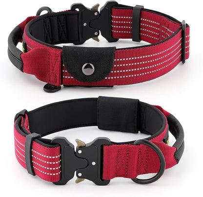 Plutus Pet Tactical Dog Collar with Tracker Pocket for AirTag, Adjustable Reflective Nylon Collar, Metal Buckle, Leather-Wrapped Handle, Soft Padded for Medium Large Dogs (Burgundy Red, L)