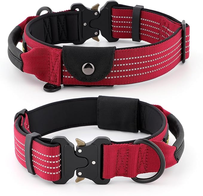 Plutus Pet Tactical Dog Collar with Tracker Pocket for AirTag, Adjustable Reflective Nylon Collar, Metal Buckle, Leather-Wrapped Handle, Soft Padded for Medium Large Dogs (Burgundy Red, M)