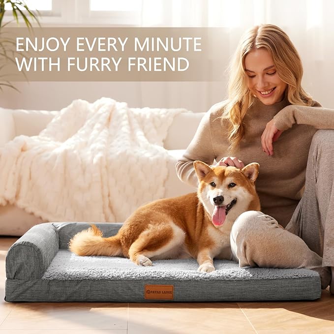 Patas Lague Orthopedic Jumbo Dog Bed for Extra Large Dogs 56''X40'', Waterproof L Bolster Pet Sofa Beds with Removable Washable Cover, Soft Comfortable Pet Couch Crate Mat with Nonskid Bottom, Grey