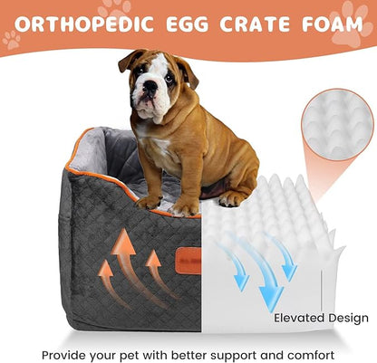 AlfaTok Memory Foam Booster Dog Car Seat with Washable Removable Cover, Elevated Pet Car Seat, Anti-Slip Sturdy Booster Seats for Small Dogs 35lbs, Seat Belt, Storage Pocket, Dog Blankets