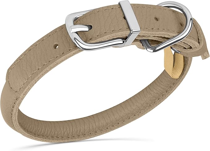 OOPSDOGGY Rolled Leather Dog Collar Soft Roll Collars for Small Medium Large Dogs Puppy (Beige, M, 12"-15")