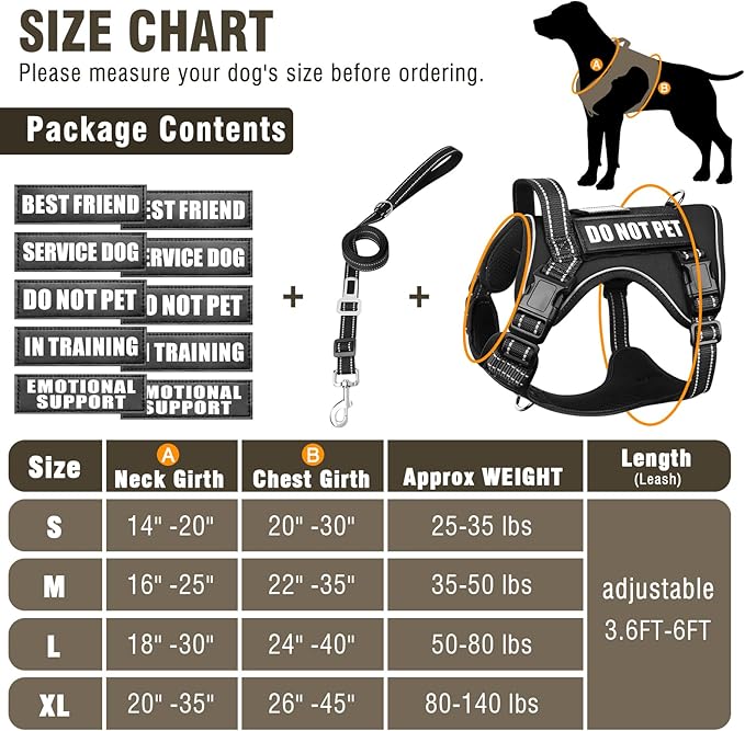 MOOGROU Tactical Dog Harness and Leash Set Medium Sized Dog,Heavy Duty No Pull Service Dog Vest and 10 Patches with Dog Seat Belt,Reflective Adjustable Pet Harness for Training Walking Hiking Black M