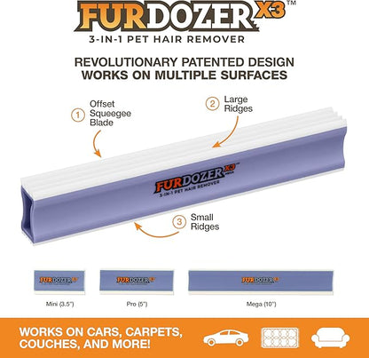 FurDozer Pet Hair Remover & Auto Detailing Tools - Cat & Dog Hair Remover for Carpets, Car Interiors, Couches, Bedding, & Pet Furniture (Purple, X3 MEGA - 10" Long)