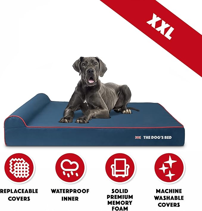The Dog’s Bed Orthopedic Headrest Dog Bed XXL Blue Oxford with Red Trim UK Flag Dog Bed, Memory Foam, Hip & Elbow Dysplasia, Post Surgery, Waterproof Washable Cover, Veterinary Approved