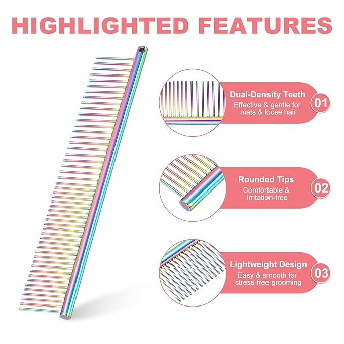 PETAXCELL Dog Cat Comb, Pet Combs Stainless Steel Teeth with Rounded Ends for Knots Mats Loose Hair Removal, 6.5IN (Colorful Plated, 3 Pack), Grooming Tool Intended for Long Curly Hair Pet