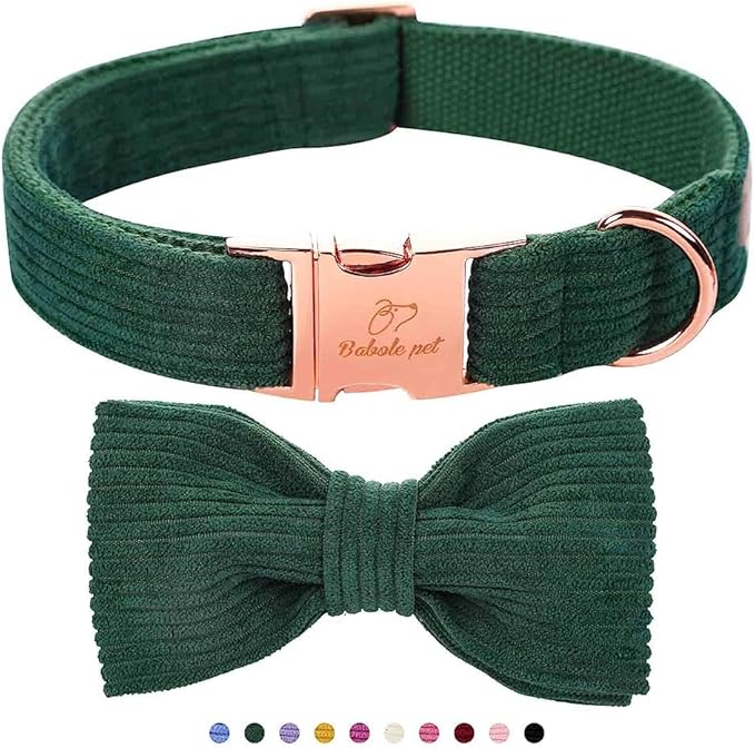 Green Dog Collars for Medium Dog,Cute Corduroy Dog Collar with Bow Tie Safety Metal Buckle Adjustable Puppy Collars for Small Medium Large Boy&Girl Dogs,M-Neck 13.5"-22"