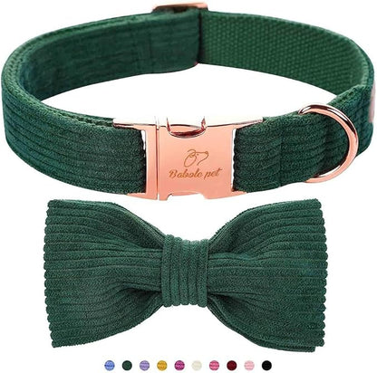Green Dog Collars for Medium Dog,Cute Corduroy Dog Collar with Bow Tie Safety Metal Buckle Adjustable Puppy Collars for Small Medium Large Boy&Girl Dogs,M-Neck 13.5"-22"