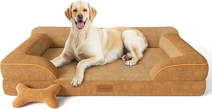 CWAWZ Jumbo Dog Bed for Extra Large Dogs, Orthopedic Dog Bed with Cooling Gel Memory Foam, Waterproof Pet Bed with Removable Washable Cover, 45" Pet Sofa Couch Dutch Velvet with Bone Toy, Brown
