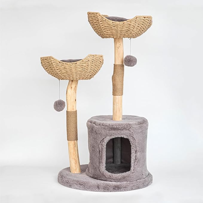 PISARRY Cat Tree Tower, 46 inch Modern Cat Tree for Indoor Cats Large Adult, Luxury Cat Condo with Scratching Post, Real Solid Wood Branch Indoor Boho Furniture, Climbing Tower, Gray