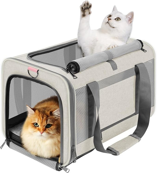 GAPZER Pet Carrier for Large Cat 20 lbs+ / Soft Sided Small Dog 12 Pounds Travel Crate Top Load/Collapsible Kitty Carry Bag Big Kitten Mesh/Sturdy Animal Transport cage Kennel Long Trips Beige