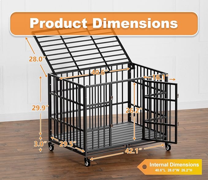 HMHTCT 42 Inch Heavy Duty Dog Crate with Wheels,Indestructible Escape-Proof Dog Kennel with Locking Latch and Double Door,Extra Large XL XXL Crate Indoor for Large and Medium Dog with Removable Tray