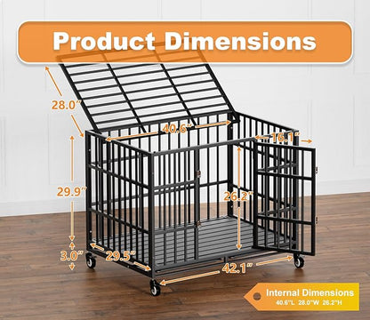 HMHTCT 42 Inch Heavy Duty Dog Crate with Wheels,Indestructible Escape-Proof Dog Kennel with Locking Latch and Double Door,Extra Large XL XXL Crate Indoor for Large and Medium Dog with Removable Tray