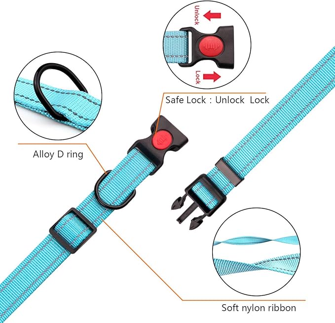 Reflective Dog Collar and Leash Set with Safety Locking Buckle Nylon Pet Collars Adjustable for Small Medium Large Dogs 3 Sizes(M)