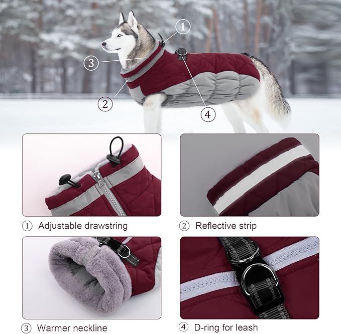 Lelepet Dog Coat Warm Dog Winter Coat Waterproof Dogs Jacket with Harness Built in Reflective Pet Fleece Vest Zip-Up Cold Weather Coats for Large Dogs Turtleneck & Windproof Coats Pitbull Wine Red 2XL