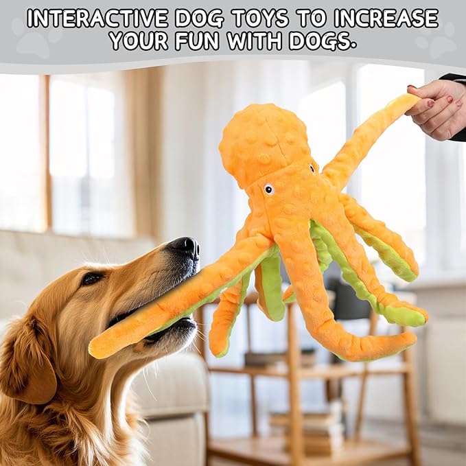 Octopus Squesky Dog Toys for Large Medium Small Dogs, Stuffed and Tough Plush Dog Toys for Aggressive Chewers(Yellow)