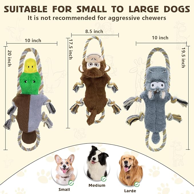 3 Pack No Stuffing Squeaky Dog Toys,Tug of War Dog Toy with Pull Rope, Interactive Dog Toys Dog Gifts for Small,Medium Dog