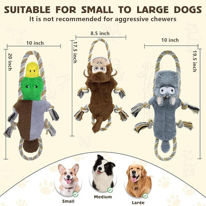 3 Pack No Stuffing Squeaky Dog Toys,Tug of War Dog Toy with Pull Rope, Interactive Dog Toys Dog Gifts for Small,Medium Dog
