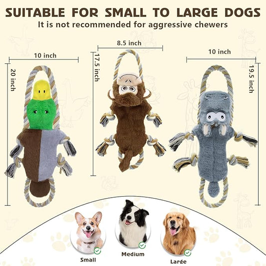 3 Pack No Stuffing Squeaky Dog Toys,Tug of War Dog Toy with Pull Rope, Interactive Dog Toys Dog Gifts for Small,Medium Dog