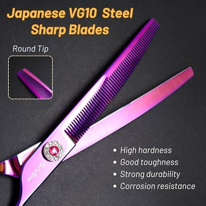 7" 60 Teeth Professional Dog Grooming Scissors, 25 Degree Curvature Pet Curved Thinning Shears, Japanese VG10 Steel Sharp, Durable Smooth Cutting Scissors for Dogs Cats and Other Pets Face and Paws