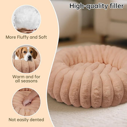 Vhen When Donut Dog and Cat Bed, Luxurious Comfortable Faux Rabbit Fur Pet Beds, Round Anti-Anxiety Calming Puppy Kitten Bed with Anti-Slip Bottom for Small Medium Dogs & Cats(23", Brown)