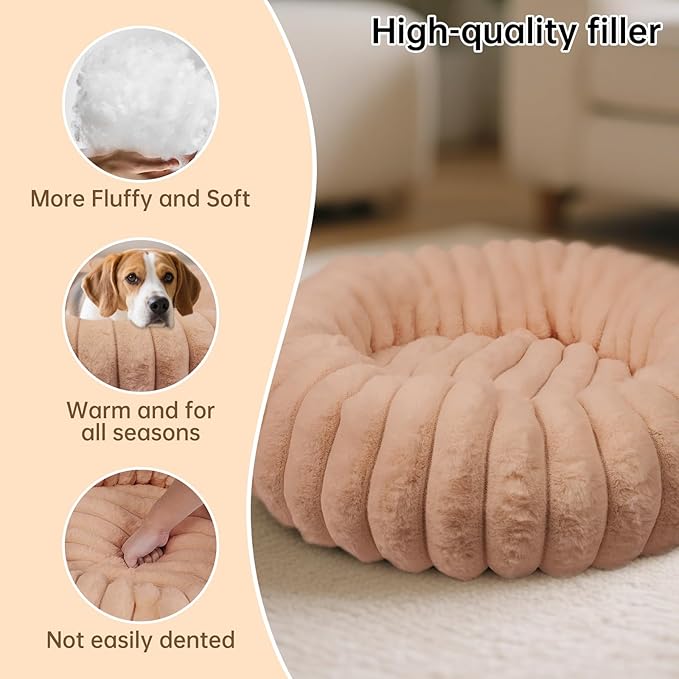 Vhen When Donut Dog and Cat Bed, Luxurious Comfortable Faux Rabbit Fur Pet Beds, Soft Anti-Anxiety Calming Puppy Kitten Bed with Anti-Slip Bottom for Small Medium Dogs & Cats(20", Brown)