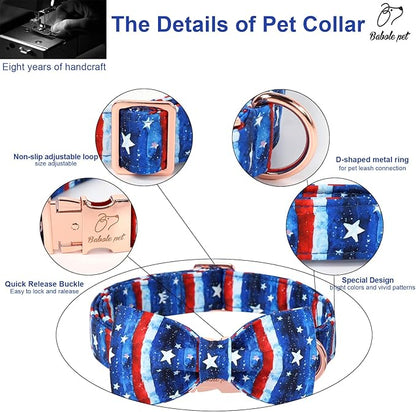4th of July Dog Collar with Bow Tie - Flag Day Stars & Stripes Patriotic Bowtie Collar Independence Day Safety Dog Collars for Small Medium Large Dogs XS