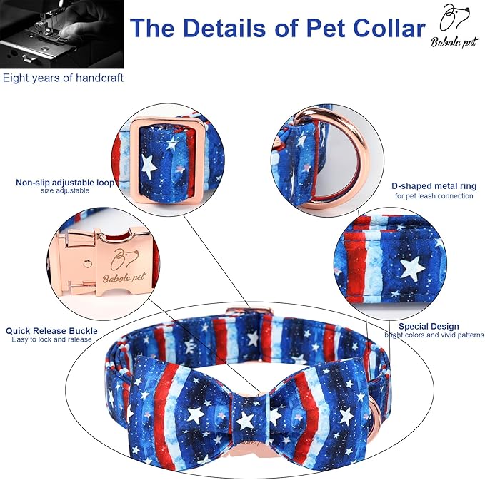4th of July Dog Collar with Bow Tie - Flag Day Stars & Stripes Patriotic Bowtie Collar Independence Day Safety Dog Collars for Small Medium Large Dogs S