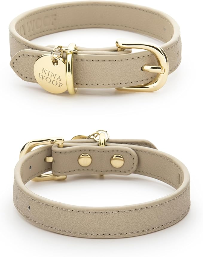 NINA WOOF Copenhagen Leather Dog Collar - Handmade with Vegan Soft Leather Round Padded Collar with Adjustable Buckle for Extra Small, Small, Medium, and Large Dogs - Color Beige, Medium