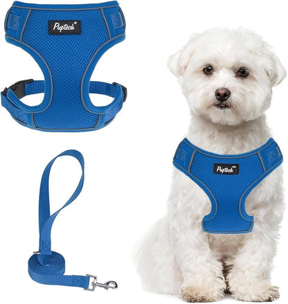 PUPTECK Small Dog Harness and Leash Set, No Pull Adjustable Puppy Cat Harness, Reflective Soft Mesh Pet Vest Small Sized, Blue, M