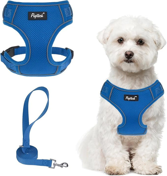 PUPTECK Small Dog Harness and Leash Set, No Pull Adjustable Puppy Cat Harness, Reflective Soft Mesh Pet Vest Small Sized, Blue, M