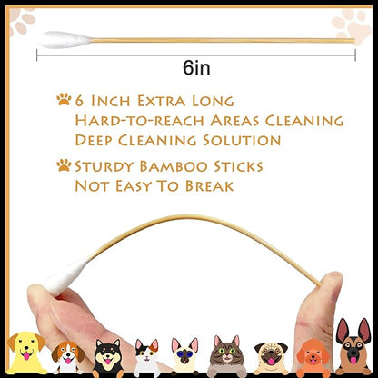 eyxformula 6 Inch Long Cotton Swabs for Pet Cleaning, Bamboo Handle, Pet Ear Cleaning Solution Supplies for Dogs and Cats (100 pcs Large Cotton swabs)