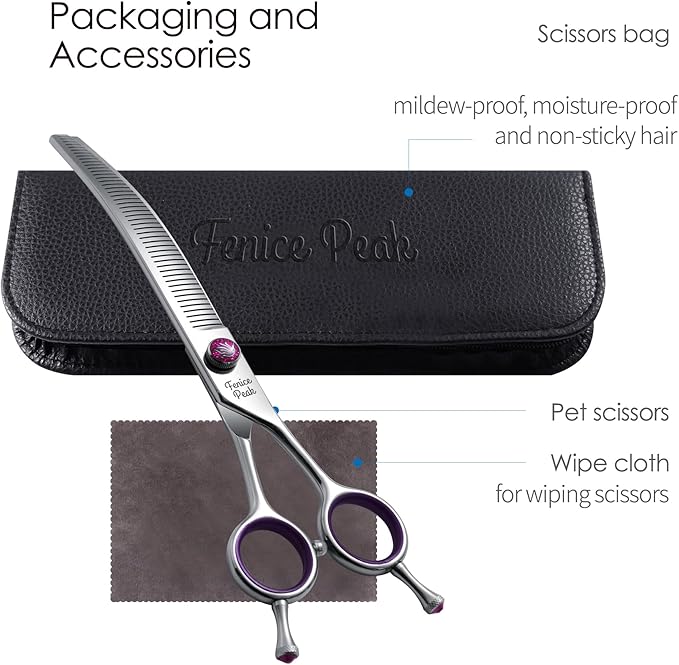 Fenice Peak 7" Professional Dog Grooming Scissors 55% Thinning, 30-Degree Curved Blender, Japanese 440C Gromming Shear for Trimming Dogs Cats and Other Pets face and paws