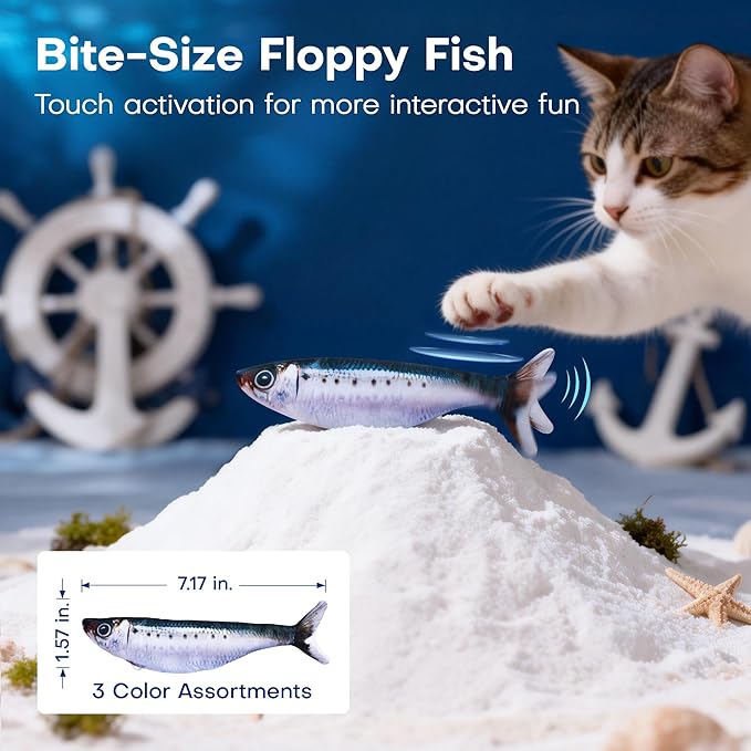 Potaroma Cat Toys Bite-Sized Flopping Fish with Catnip, Realistic Tap-Activated Moving Kitten Kicker, 3 Floppy Mode Wiggle Sardine/Saury/Yellow Croaker Interactive Motion Kitty Exercise