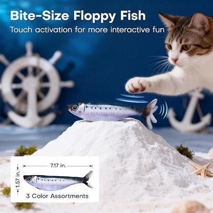 Potaroma Cat Toys Bite-Sized Flopping Fish with Catnip, Realistic Tap-Activated Moving Kitten Kicker, 3 Floppy Mode Wiggle Sardine/Saury/Yellow Croaker Interactive Motion Kitty Exercise