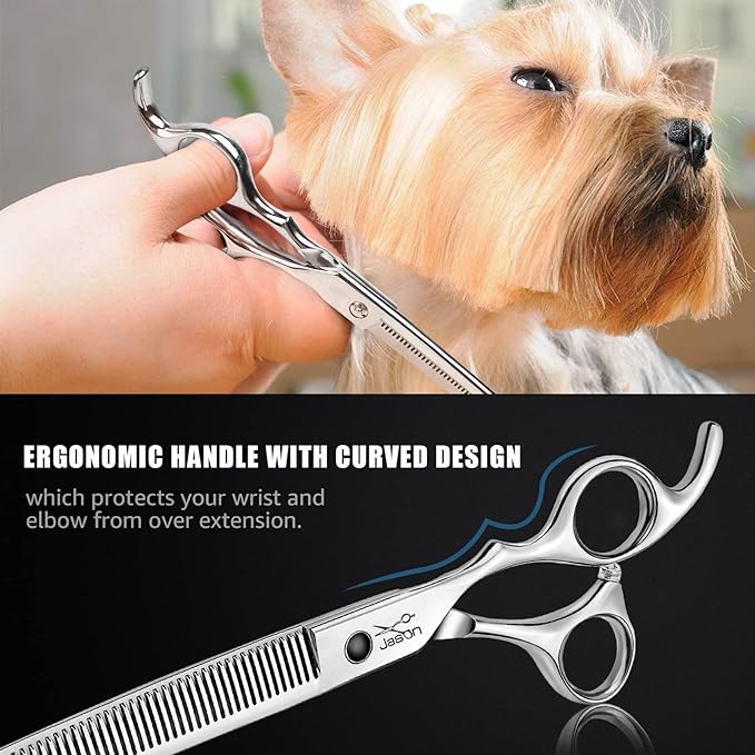 JASON 7.5" Dog Grooming Thinning Blending Scissor, Ergonomic Pet Grooming Thinner Blender Shears Cat Trimming Texturizing Kit with Offset Handle Christmas Gift