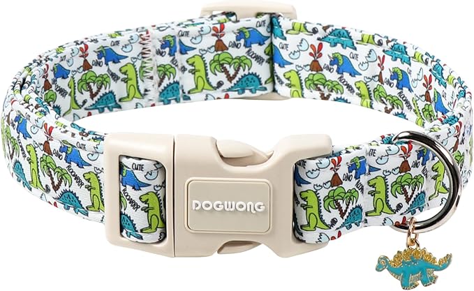 DOGWONG Dinosaur Dog Collar-Cute Green Dinosaur Dog Collar for Small Dogs, Adjustable Comfortable Cotton Boy Dog Collars for Small Medium Large Dogs,L