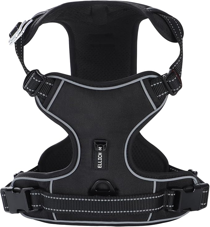 No Pull Dog Harness with 3 Snap Buckles,No Choke Front Lead pet Harness Reflective and Adjustable Soft Padded Vest for Small Medium Large Dog (Black, Large)