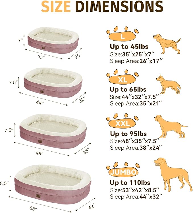 Orthopedic Waterproof Large Dog Bed: Memory FoamWashable Dog Bed with Bolsters - Removable Orthopedic Cover for Medium L XL Large Sized Pet - Non-Slip Bottom - Pink